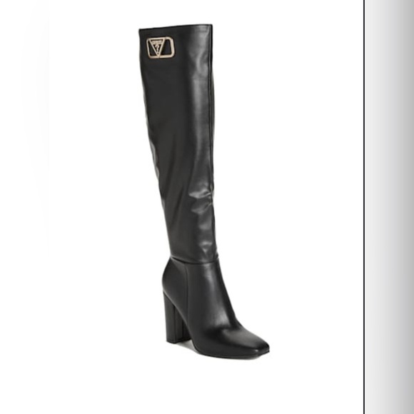 Guess Black leather Over the Knee Boots with Logo Detail - Picture 3 of 5